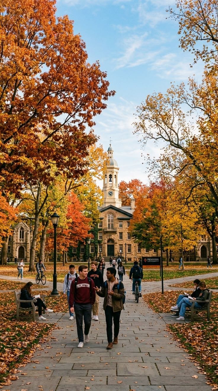 Autumn view of a Canadian university campus with students walking