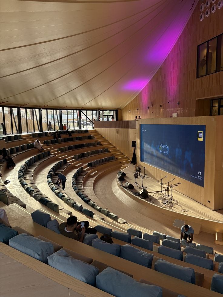 Contemporary European university building with a grand interior atrium
