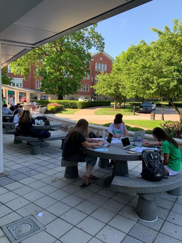 American university campus lawn with students between classes