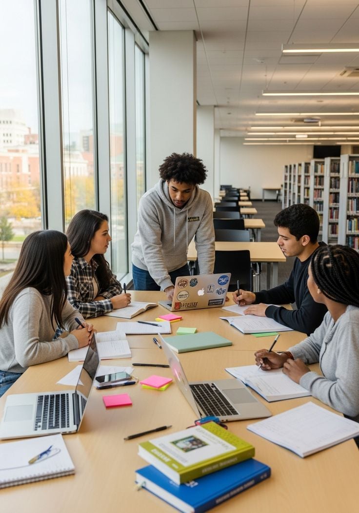 Students meeting with an education counsellor in a welcoming office