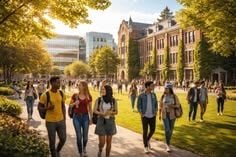 Students walking across a modern university campus on a sunny day