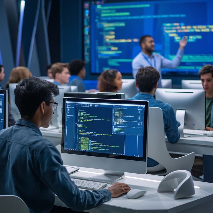 International student analyzing data on a laptop in a modern university data science laboratory.