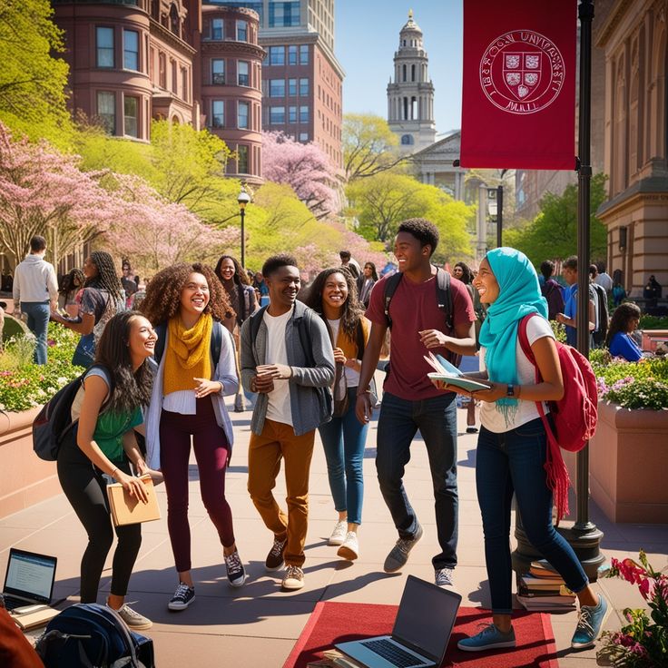 International students walking across a modern university campus