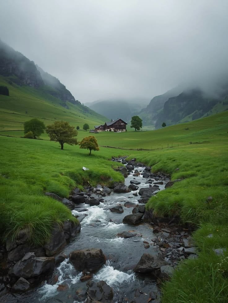 Misty green hills and valleys in the Irish countryside