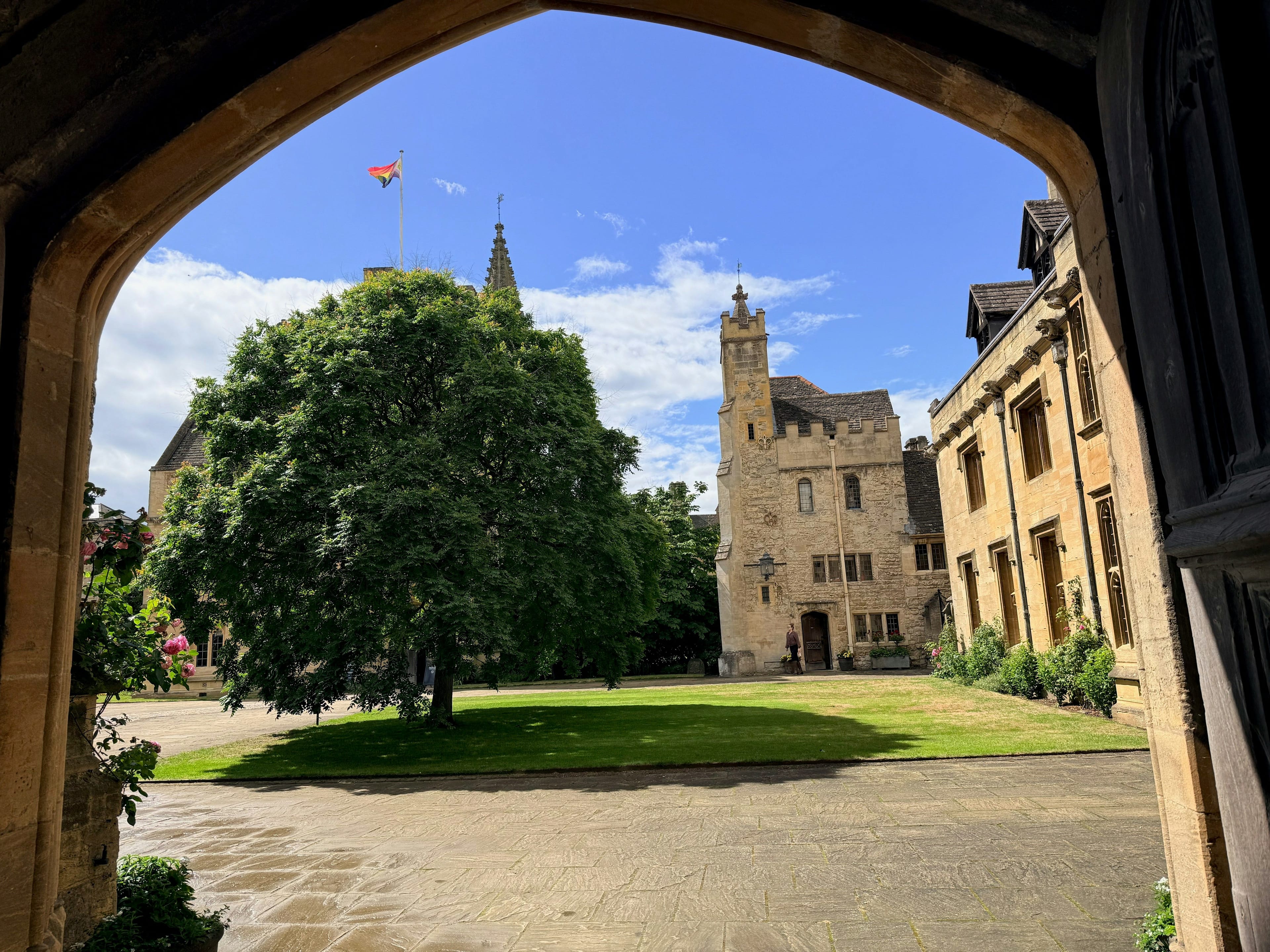 Historic Oxford college courtyard with stone architecture
